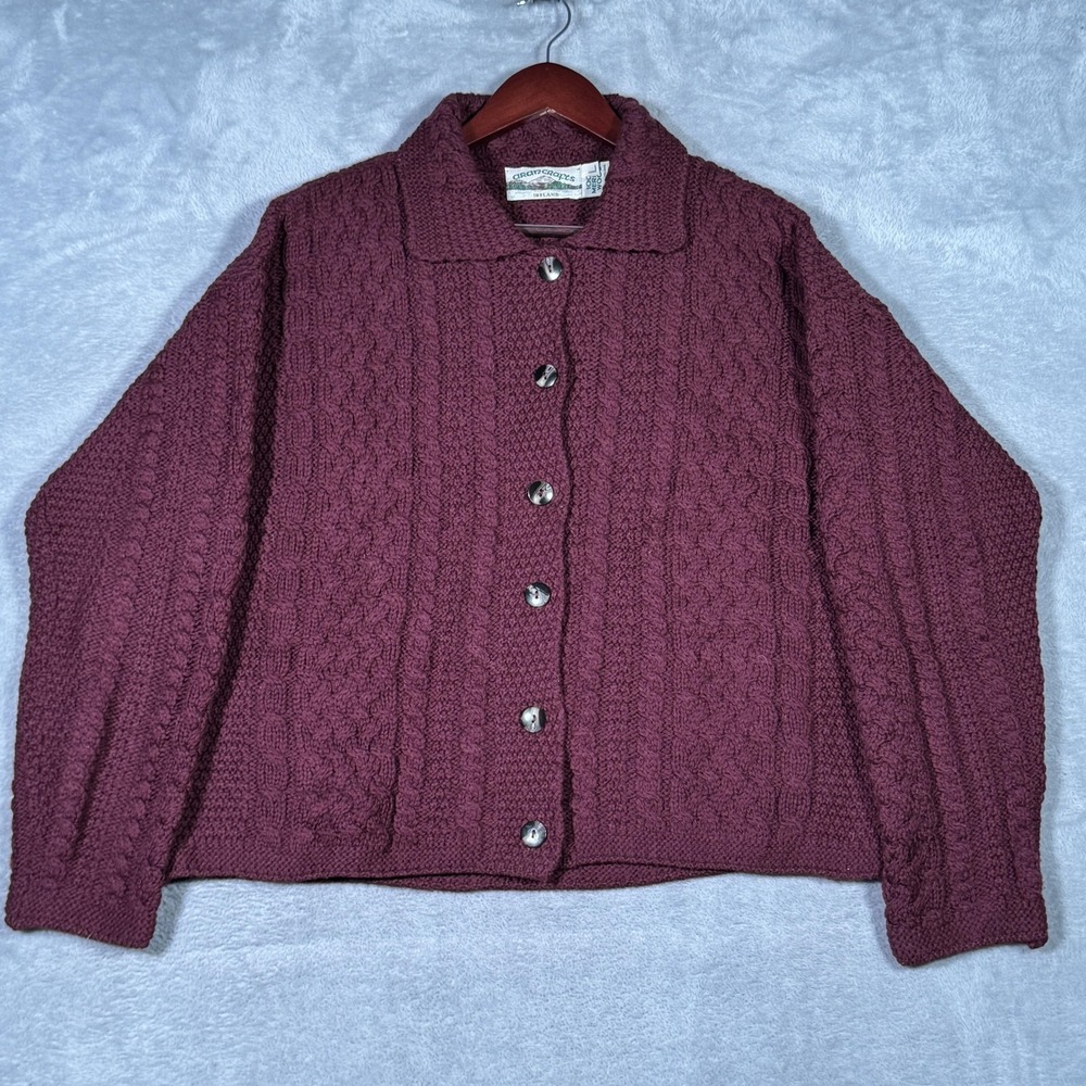 Aran Crafts Sweater Womens L Red 100% Merino Wool Cable Cardigan Collared